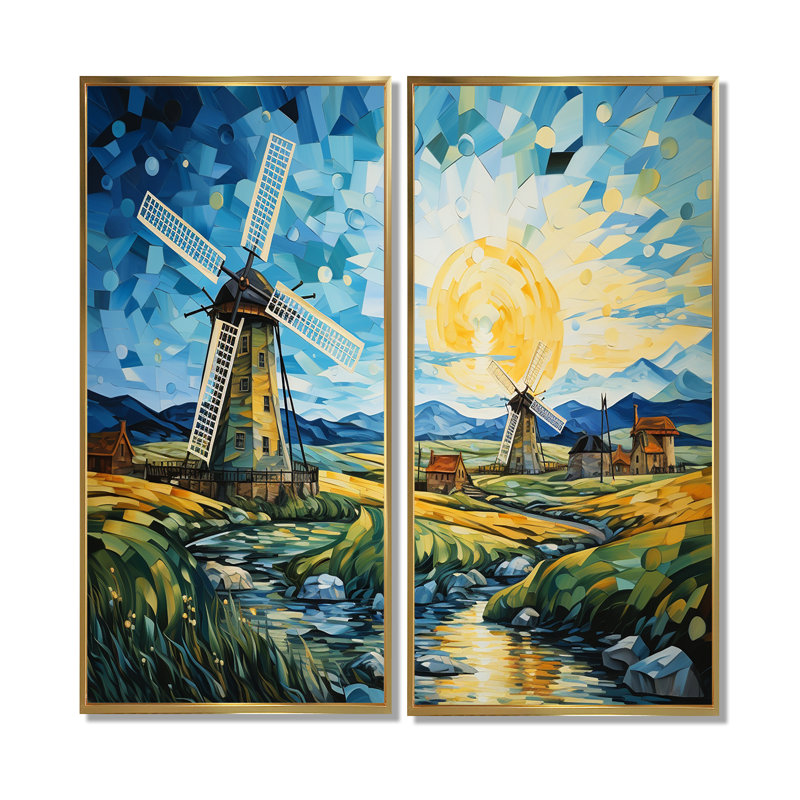 «Blue Calm Windmill Meadows», art mural industriel, 40" H x 40" W, Impression encadrée flottante, Gold