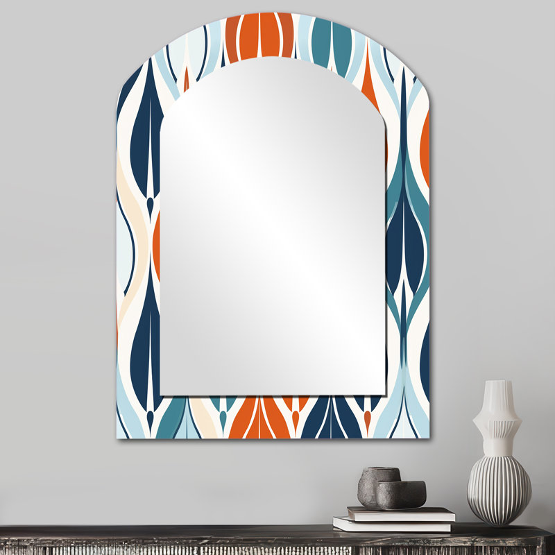 Orange et bleu Botanical Symphony I - miroir mural décoratif à arche abstraite, grand miroir asymétrique orange, impression sur métal