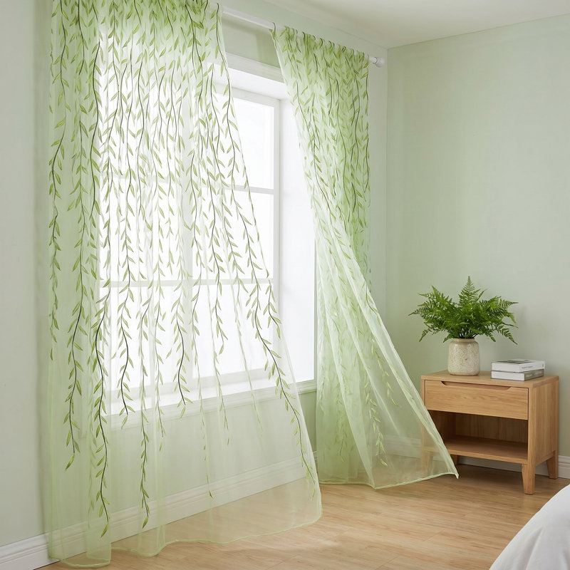 4 panneaux de rideaux transparents en forme de feuille de saule, rideaux décoratifs en gaze de style pastorale pour la chambre à coucher, 39,37 x 78,74 po, vert