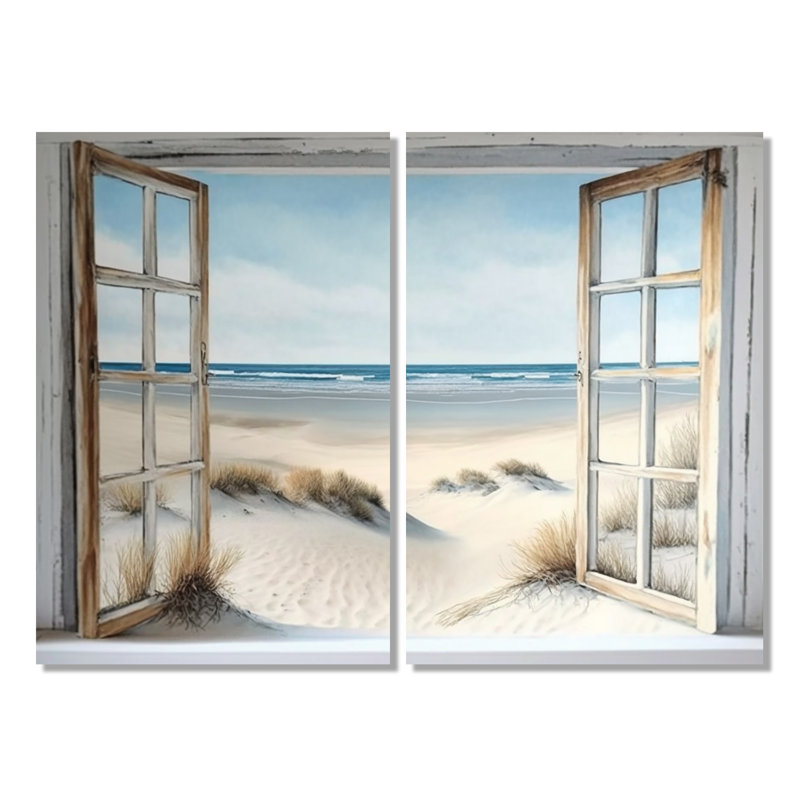 Fenêtre sur la plage II - art mural gris, H 36 po x l 48 po, Toile tendue, Ne s’applique pas