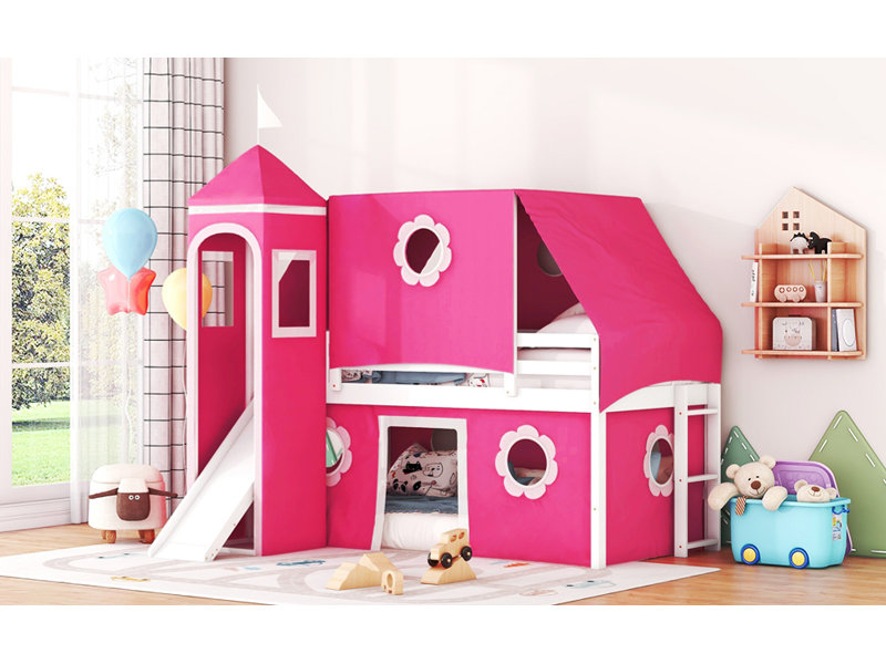 Lit mezzanine simple avec tente et tour - rose, Lit simple