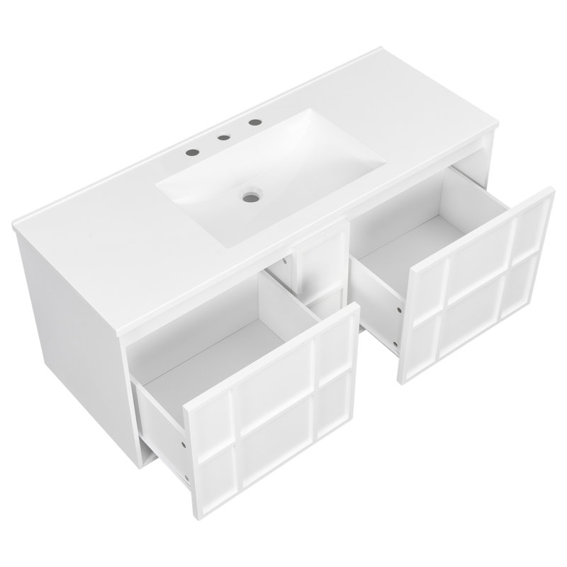 Meuble-lavabo suspendu de 122 cm (48 po) avec lavabo en composite, 2 grands tiroirs et tablette inférieure ouverte, détails classiques, sans poignées.