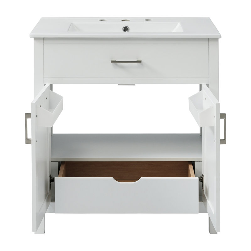 Meuble-lavabo simple 30 po avec plateau en céramique Tohid, Blanc