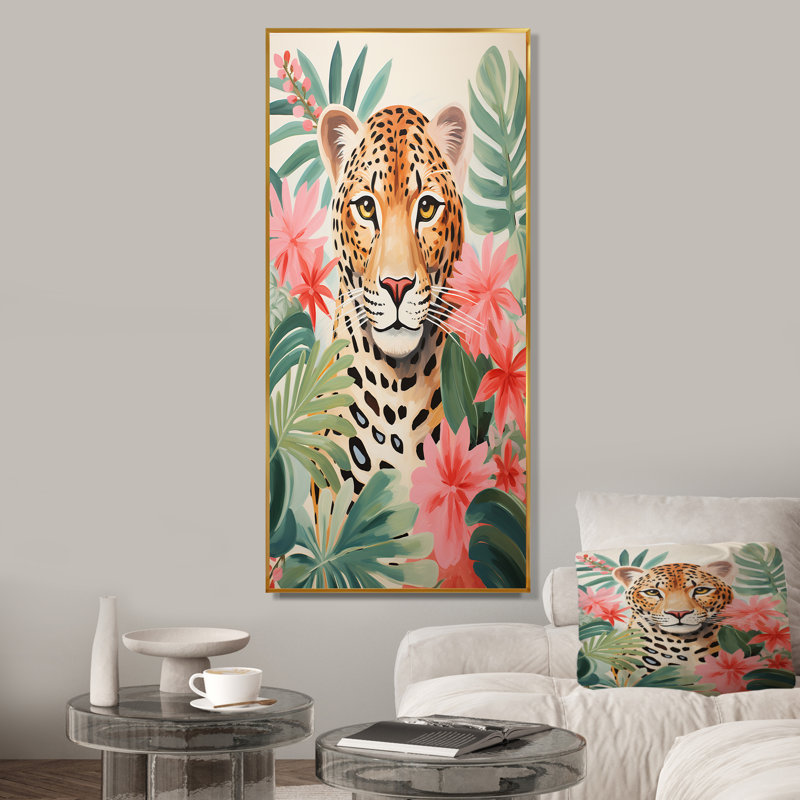 Léopard vert et rose dans la jungle I - art mural léopard / guépard, Cadre flottant doré, H 40 po x l 30 po