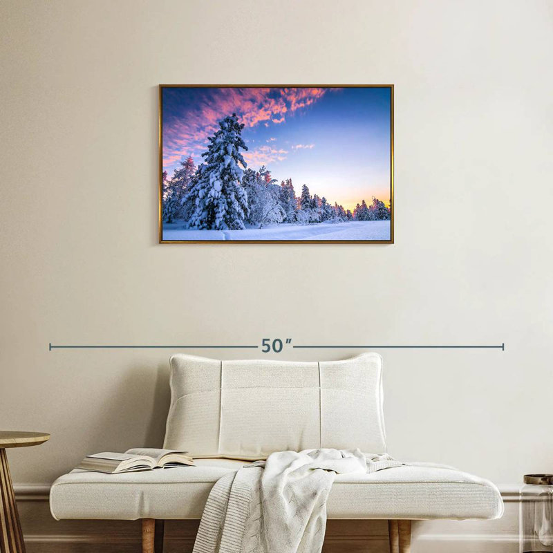 Coucher de soleil rose en hiver, Cadre flottant doré, 31 po x 21 po