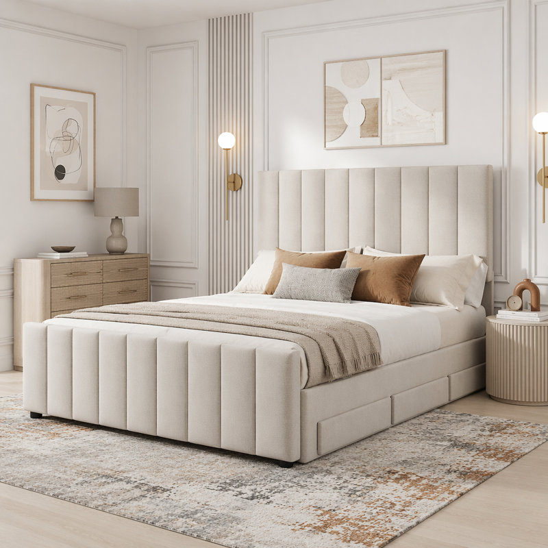Lit plateforme tapissier double avec lit gigogne simple et 4 tiroirs, tissu en lin, Full, Beige