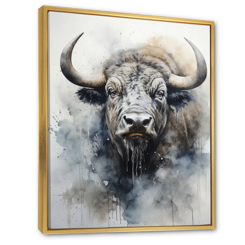 Gray Buffalo Majestic Profile Pointillism - animaux, impressions sur toile, Cadre flottant doré, H 44 po x l 34 po x P 1,5 po