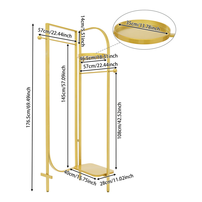 Modern Gold Corner Garment Rack, 90°-180° Adjustable Freestanding Clothing Rack with Shelves & Hooks, Gold