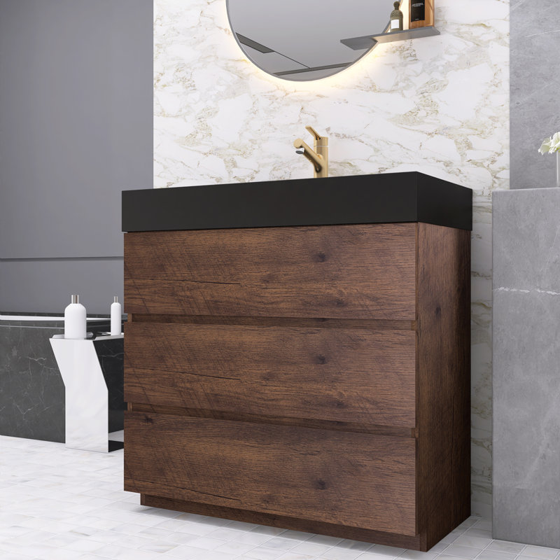 Ensemble de meuble-lavabo simple 35,8 po Dosie, Noir mat, Noyer