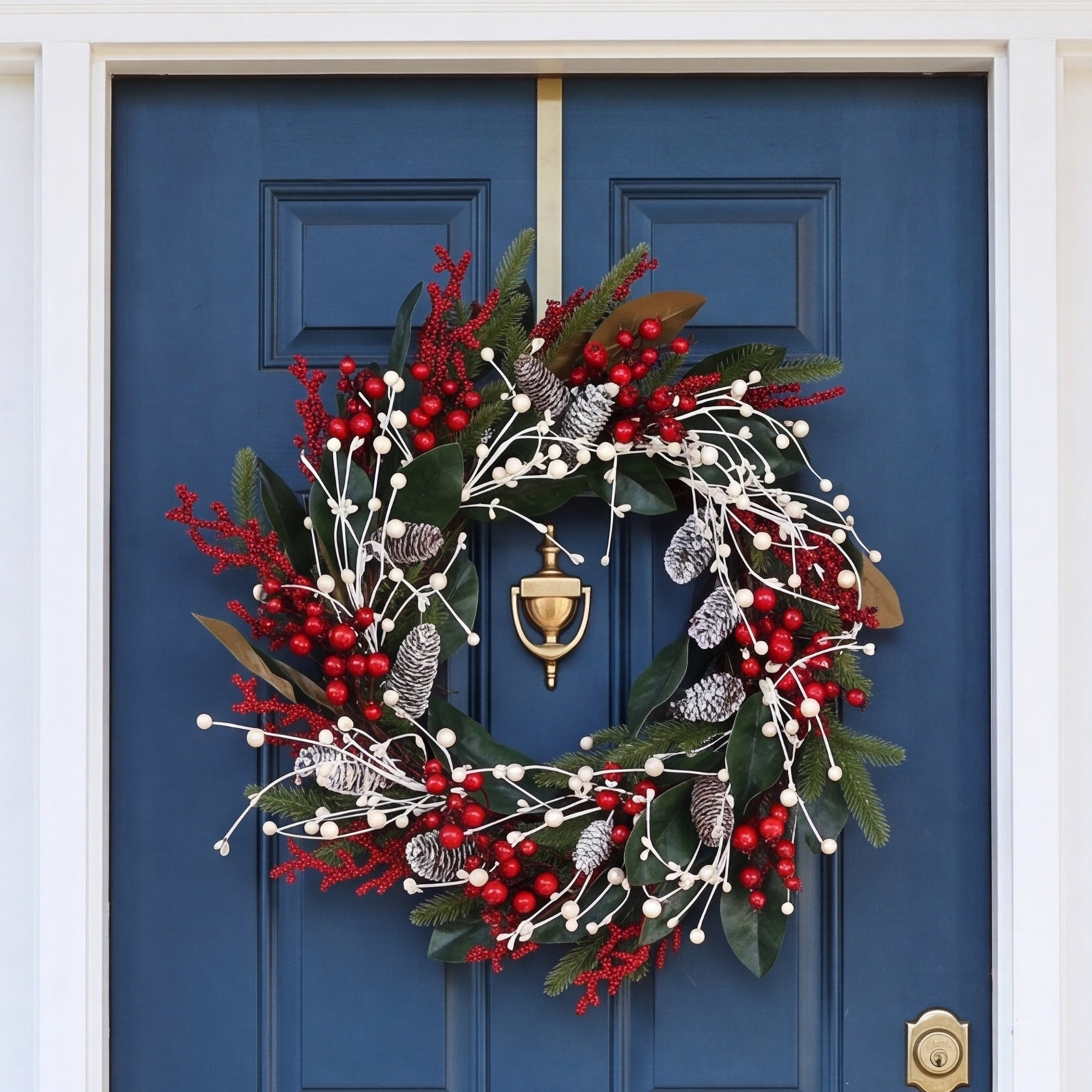 24" Artificial Farmhouse Greenery Foliage Leaves Pine Needle Pinecone Berry Winter Christmas Day Front Door Wreath