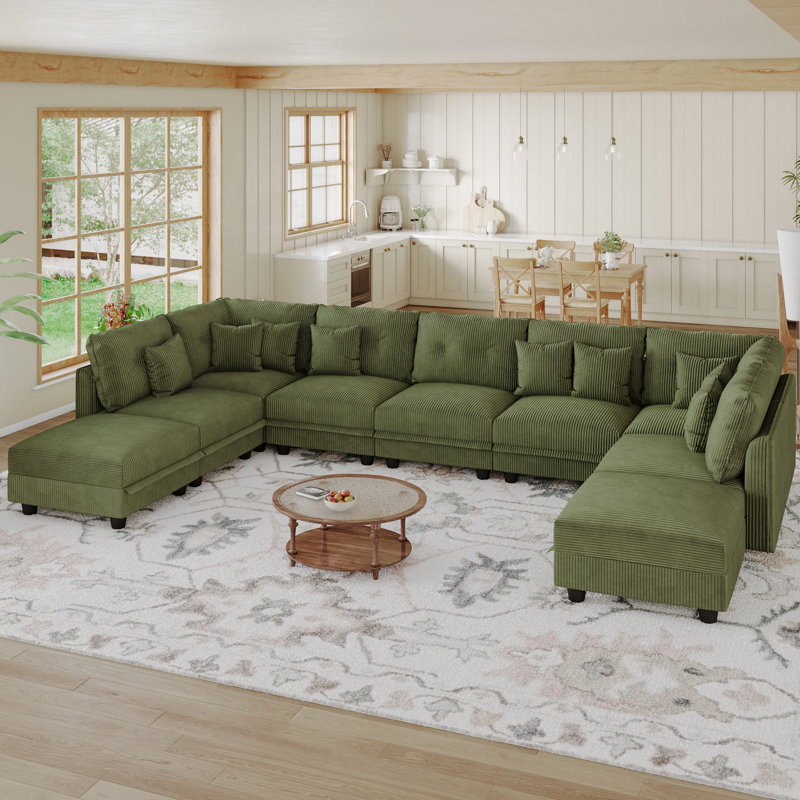 Degennaro 9 Seat Corduroy Convertible Modular Sectional Sleeper With Storage, Green Corduroy