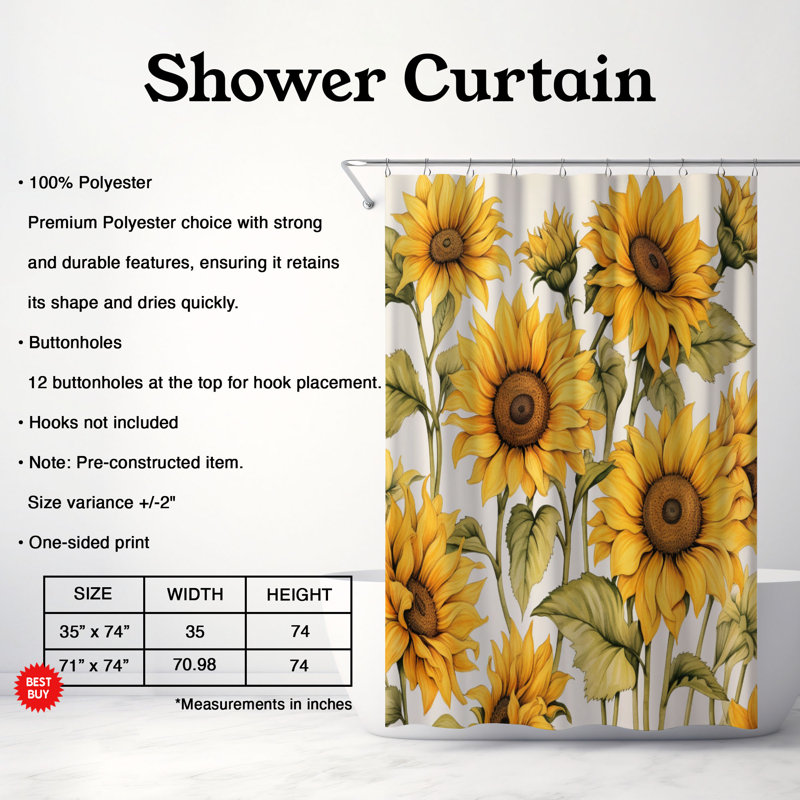 Rideau de douche 1 pièce Bright Sunflowers, H 74 po x l 71 po