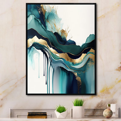 Teal And Gold Abstract Expression IV - Abstract Liquid Ink Wall Decor