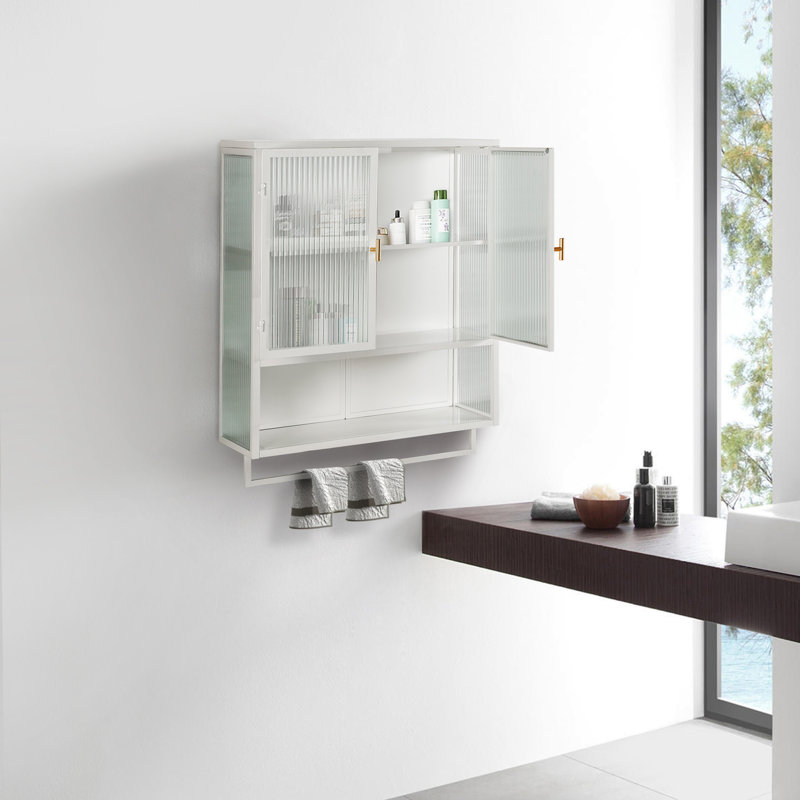 Glass Doors Modern Two-Door Wall Cabinet With Featuring Two-Tier Enclosed Storage, An Open Shelf, And Towel Rack