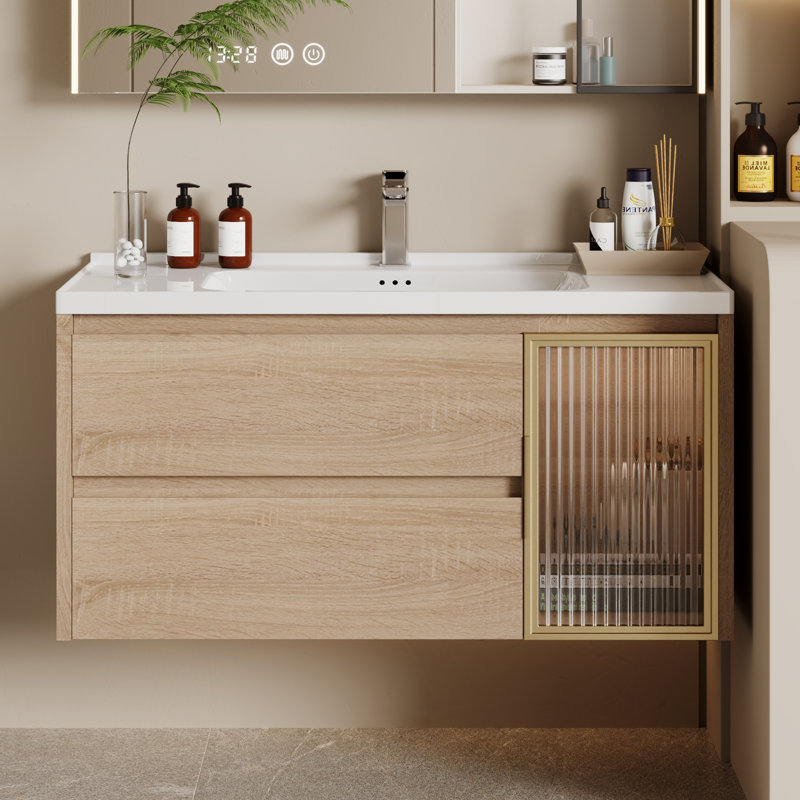 36" Single Bathroom Vanity in Natural Wood with Ceramic Top, Visible Cabinet Door and Drain Included– Bathroom Vanities