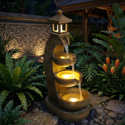  35.4"H Resin Outdoor Water Fountain, All-Weather Freestanding Pagoda Water Feature with LED, 3 Tier Bowl Cascading Lantern Style Garden Fountain for Porch, Home Decor Ideal Gift