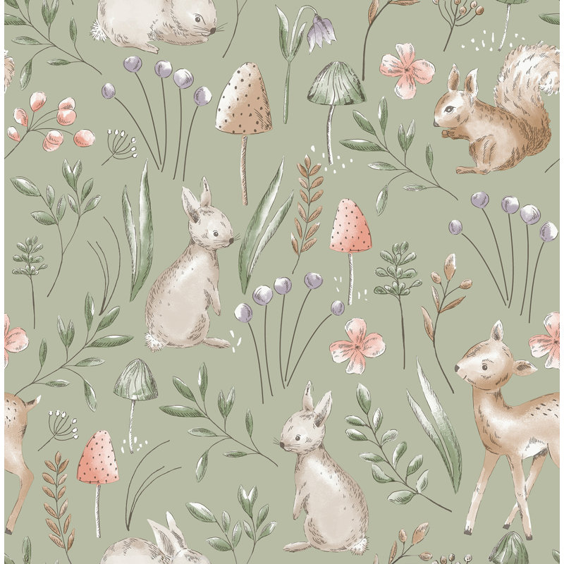Papier peint forêt fantaisiste sauge, Vert
