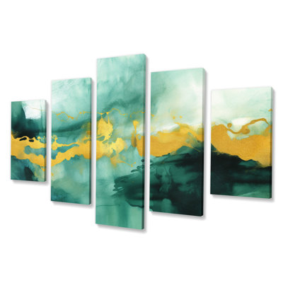 Impression murale bleu aquarelle avec or I - fractales - 5 panneaux