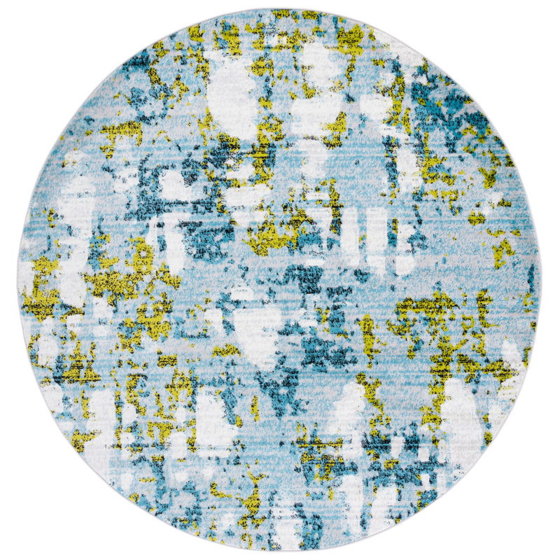 Hollman Abstract Teal/Green/White Area Rug, Round 6'7"