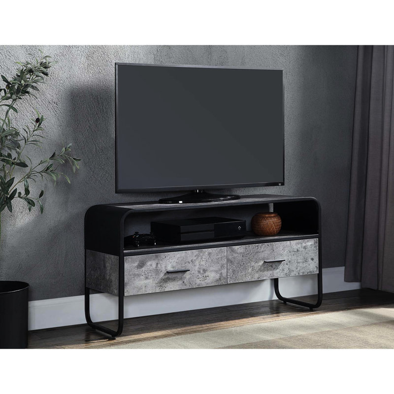 Meuble télé avec cadre en métal de 42 po, 2 tiroirs, aspect noir et gris béton, tablette ouverte, style principal