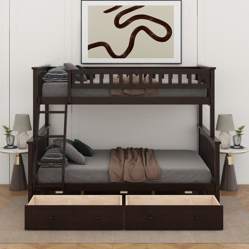 Lit simple superposé au dessus d'un lit double avec tiroirs, Espresso