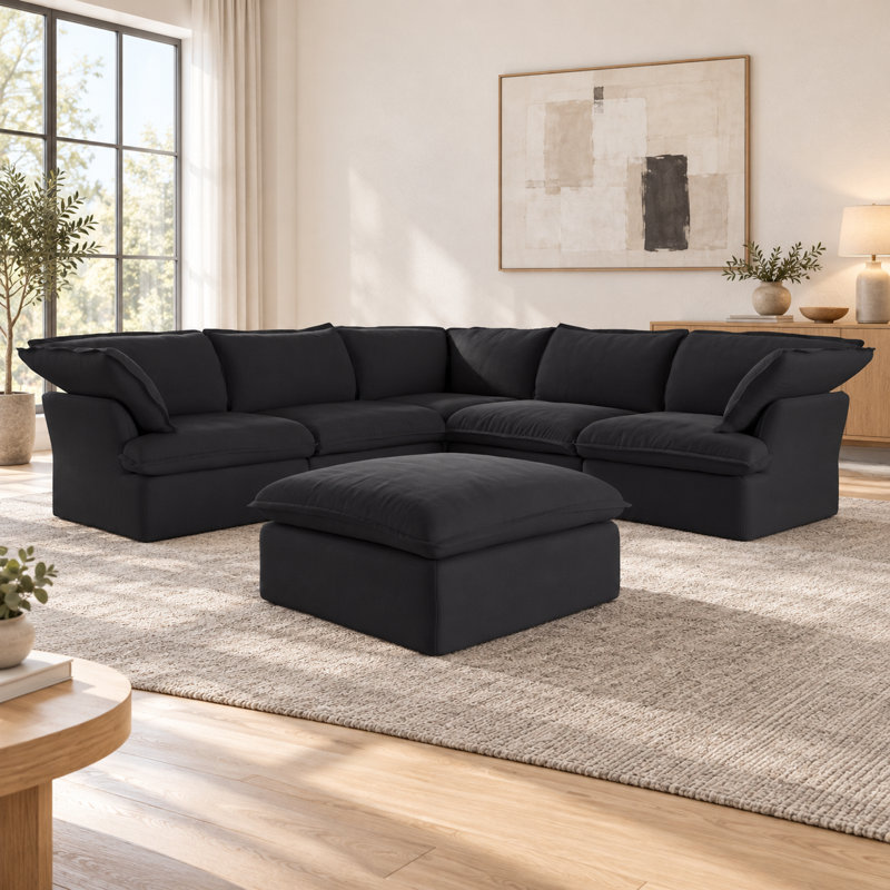 Canapé modulaire rembourré en velours côtelé avec repose-pieds Fairford, Mélange de lin noir