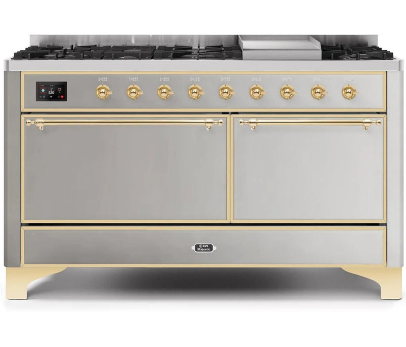 ILVE UM15FDQNS3BKCLP Majestic II 60 inch Dual Fuel Range with 9 Burners, Griddle (Liquid Propane, Solid Door, Glossy Black, Chrome)