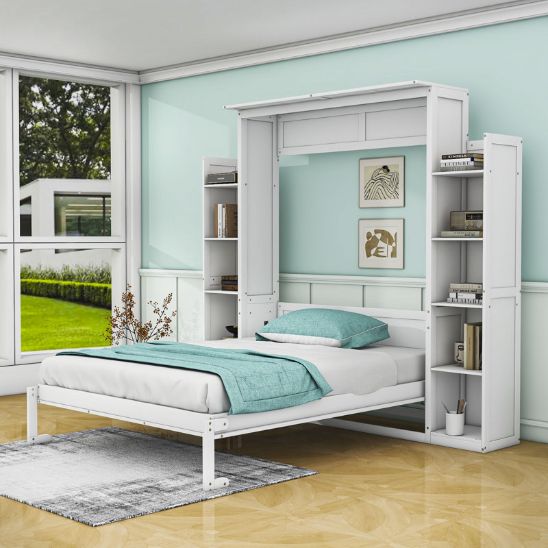 Rashem Wood Murphy Bed with Shelves and LED Lights, White, Queen