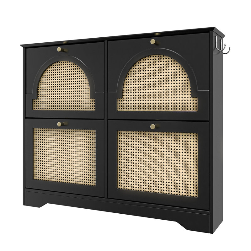 Mid - Century, Black Shoe Cabinet, 4 Flip Drawers, 2 Hooks, Freestanding, Hallway, Ventilated, Odor, , Stable Design Organizer,