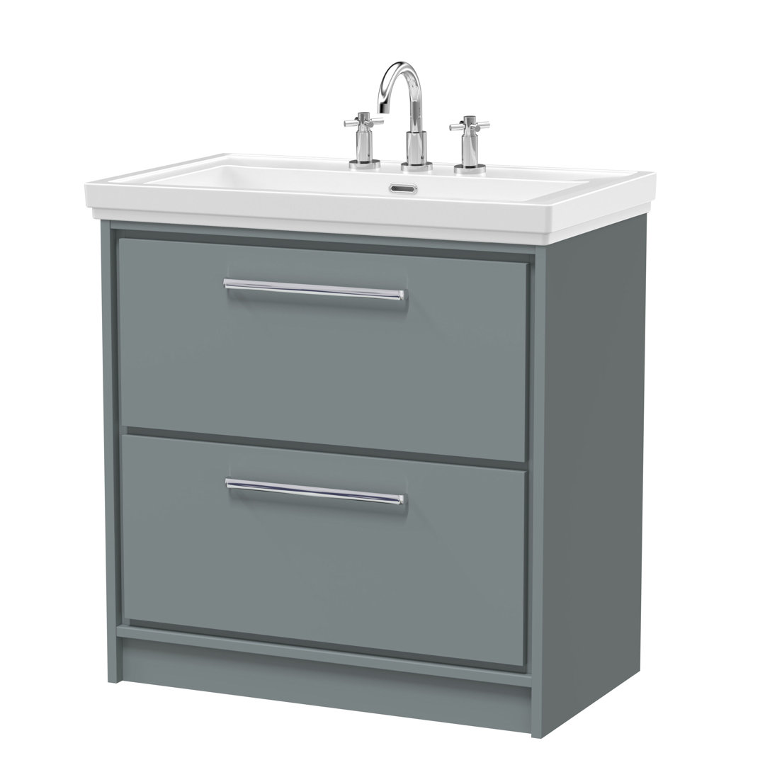 Hudson Reed Lille 600mm Fern Green 2 Drawer Floor Standing Vanity Unit With 3 Tap Holes Fireclay Basin