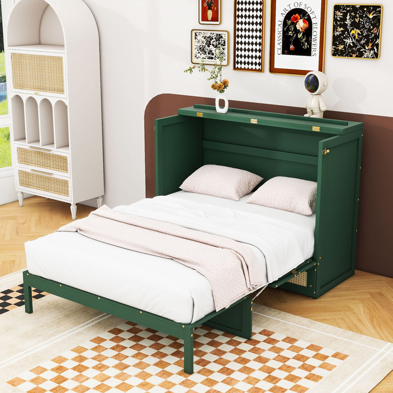 Lit escamotable double avec rangement multifonctionnel et design élégant, Lit double, Vert