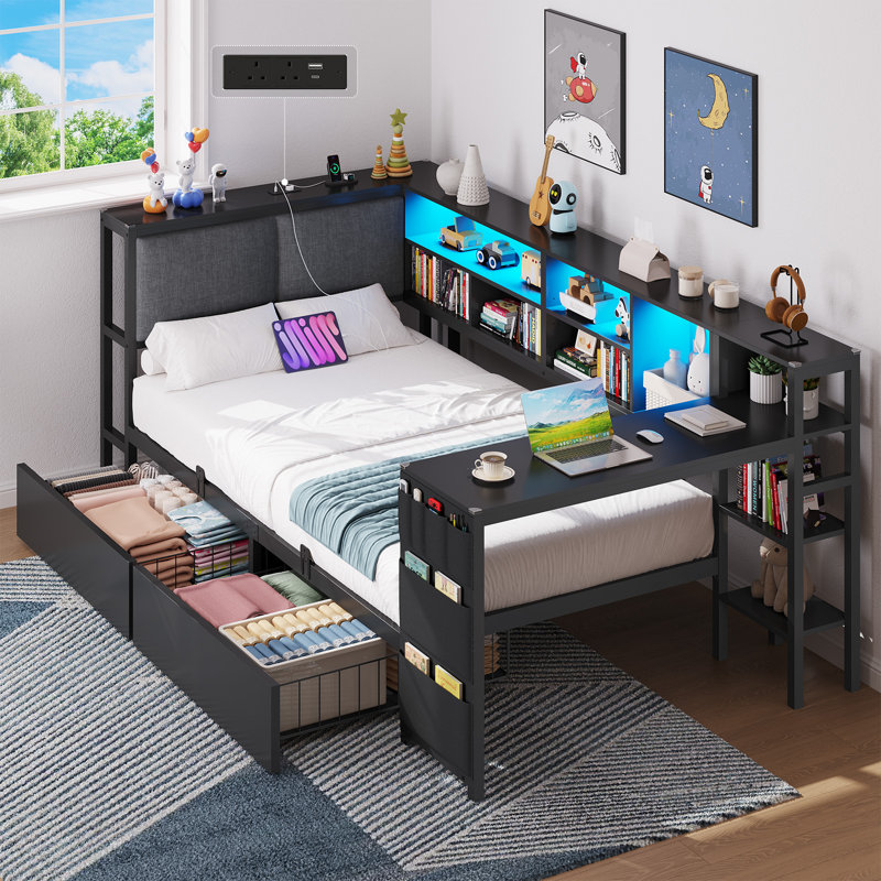 Single Bed with Storage, 2 Drawers and Charging Station, Reversible Single Bed Frame with LED Lights and Upholstered Headboard, 2 AC Sockets 2 USB Ports, Modern Corner Bed Frame