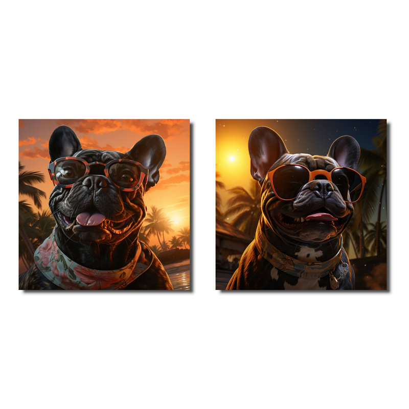 Mignon bouledogue français à Miami I - ensemble de 2 décorations murales pour chien, Toile tendue
