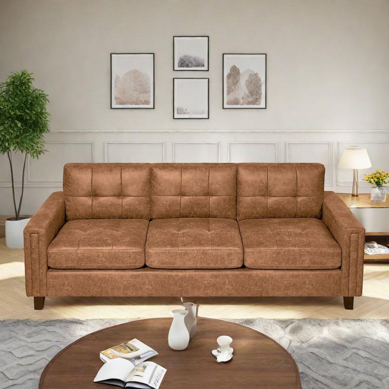 Canapé 87,55 po en similicuir capitonné, canapé 3 places Mid-Century , Marron clair