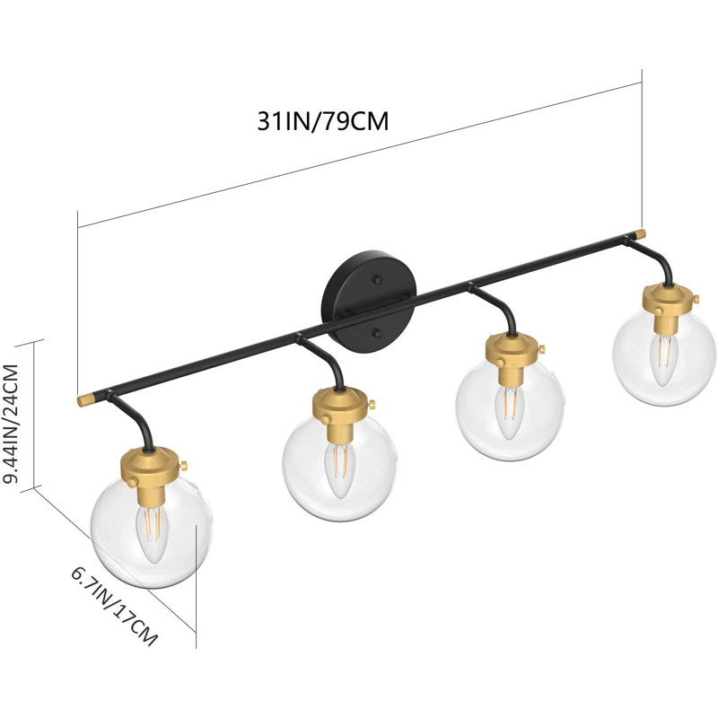 Luminaire de salle de bain industriel avec globes en verre transparent, finition noire matte, applique murale de style rétro pour miroir Ralbay, douille E12 (ampoules non incluses)