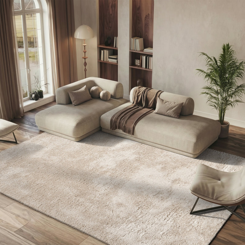 Tapis à poil long champagne fabriqué à la main Delane, Rectangle 8 pi x 10 pi