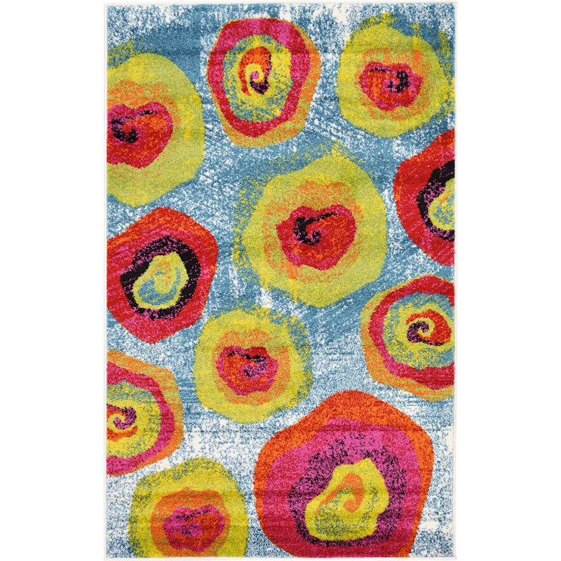 Tapis bleu ciel / rose / jaune à motif géométrique Tanguay, Rectangle 3 pi 3 po x 5 pi 3 po
