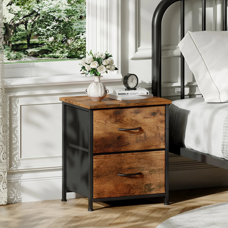 Nightstand, Small 2 Drawer Dresser Night Stand With Fabric Bins, Bedside Furniture, End Table, Brown