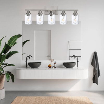 Luminaires de salle de bain 5 lumières, lumières de meuble-lavabo modernes en nickel brossé avec abat-jour en verre transparent, lampe de salle de bain pour miroir, armoire de chambre à coucher, porche