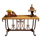 63" Rectangular Chiseled Travertine Console Table - Hand Forged Wrought Iron - Mexports By Susana Molina