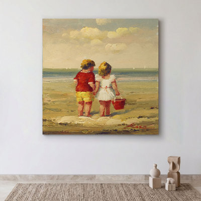 Little Boy and Girl Holding Hands at Beach Canvas Wall Art, Vintage Seaside Oil Painting Print on High-Weight Canvas with Pine Inner Frame, Coastal Nautical Wall Decor