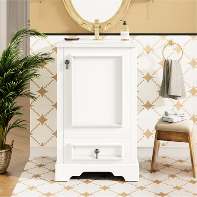 Meuble-lavabo moderne de 20 po, poignée en alliage d'aluminium, porte à fermeture en douceur, lavabo en céramique et meuble-lavabo à compartiments ajustables en U de 20 po pour salle de bain organisée, système, tablette, tiroir