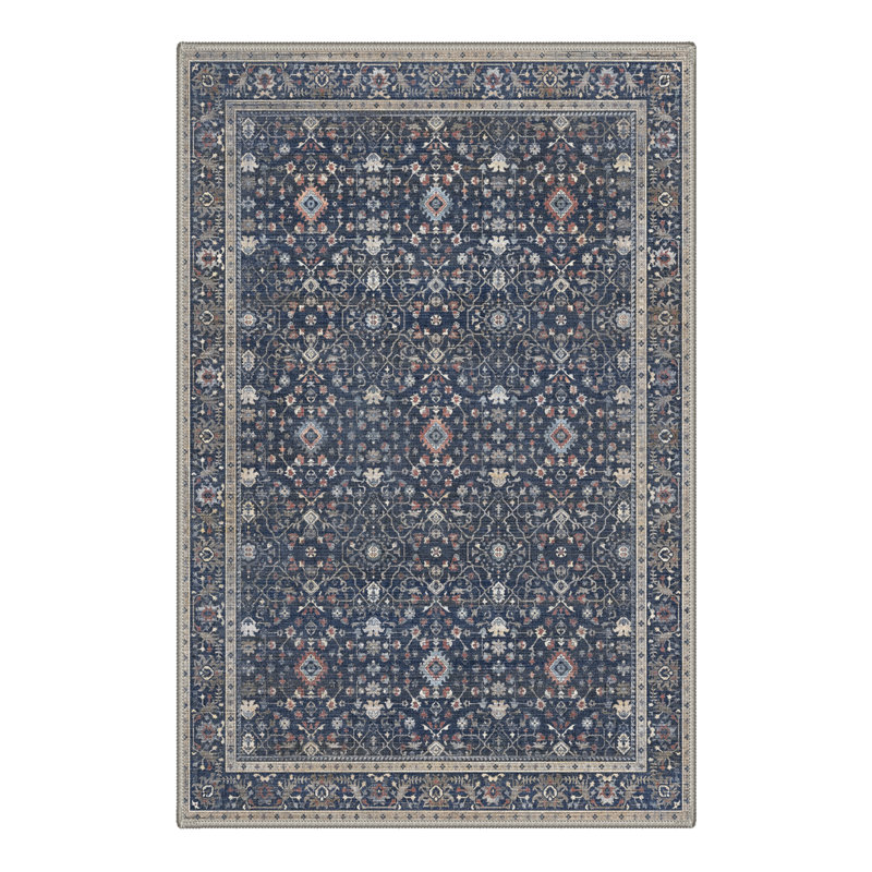 Tapis traditionnel oriental bleu / gris performance à poils courts et antidérapant, Rectangulaire 3 pi x 5 pi