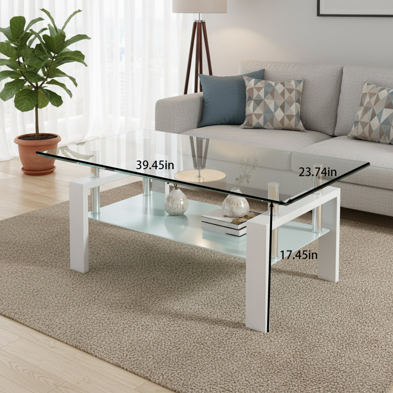 Table basse en verre trempé transparent, la conception à deux couches augmente l'espace de rangement, peut être utilisée comme table centrale de salon, pratique et esthétique