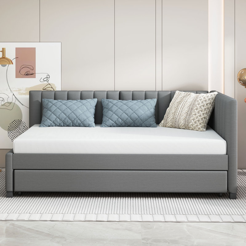 Lit de jour d'angle rembourré avec couchette, Gris, Lit double