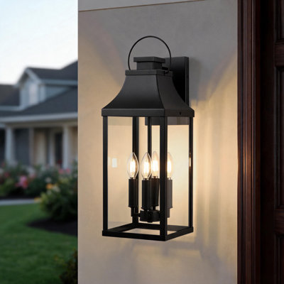 Lanterne murale d'extérieur noire 4 lumières H 22,6 po, applique murale industrielle moderne avec verre trempé, éclairage extérieur imperméable pour porche, patio, porte d'entrée
