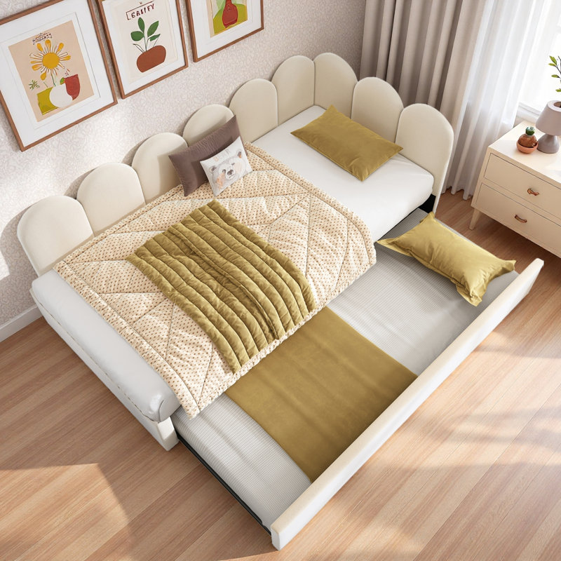 Lit de jour rembourré avec panneaux latéraux réglables et roulettes, Beige