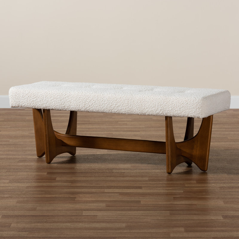 Cream Boucle Fabric and Walnut Wood Bench with Button-Tufted Seat