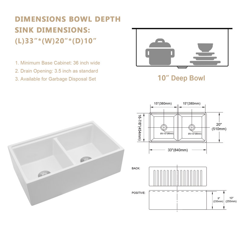 33'' L x 20'' W Ceramic Undermount Workstation Kitchen Sink, 50/50 Double Basin Kitchen Sink with Bottom Grid, Strainer, Roll-up Rack, Colander and Cutting Board