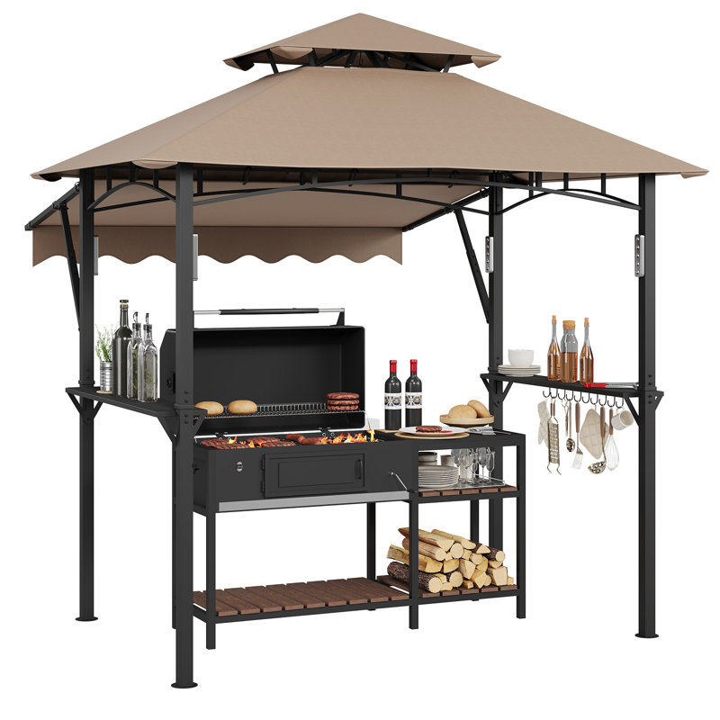 Khaki 8x5 FT Heavy-Duty Steel Grill Gazebo with Double-Tier Roof and 7x3 FT Awning, Weather-Resistant Outdoor BBQ Canopy with Metal Frame, Shelves and LED Lights